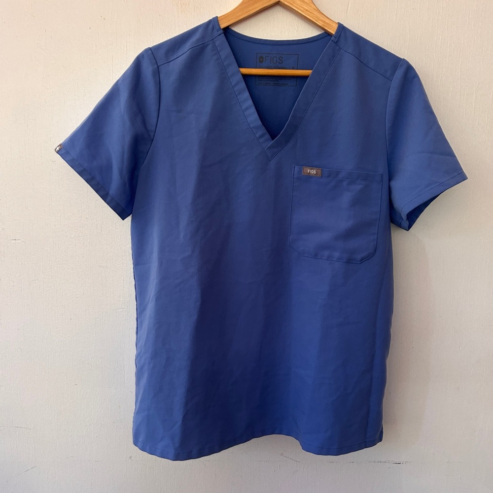 FIGS Catarina Scrub Top Women Medium Blue V-Neck One Pocket Technical Collection